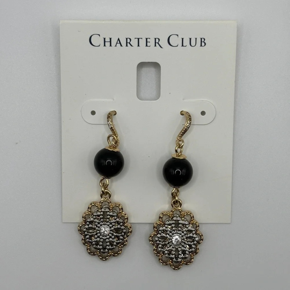 Charter Club Women's Gold Black Beaded Flower Earrings - Picture 1 of 4